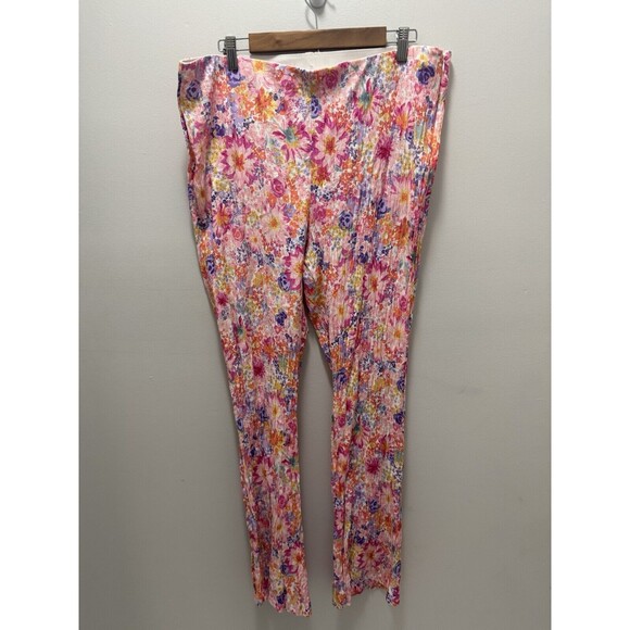 H&M Floral Flared Crinkled High‎ Wait Pink Pants Size Xl - Picture 1 of 5